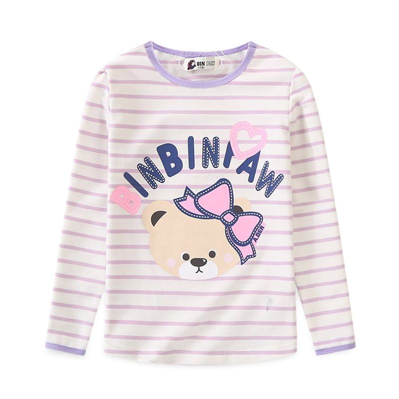 Children's clothing girls autumn long-sleeved T-shirt new fashion striped offset printing cotton bear head round neck bottoming top