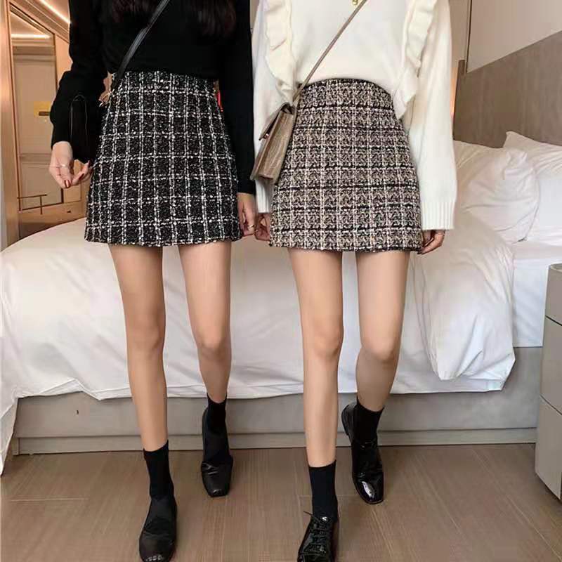 Woolen plaid skirt autumn winter women 2020 New Retro High Waist Skirt hip skirt A-line small fragrant short skirt