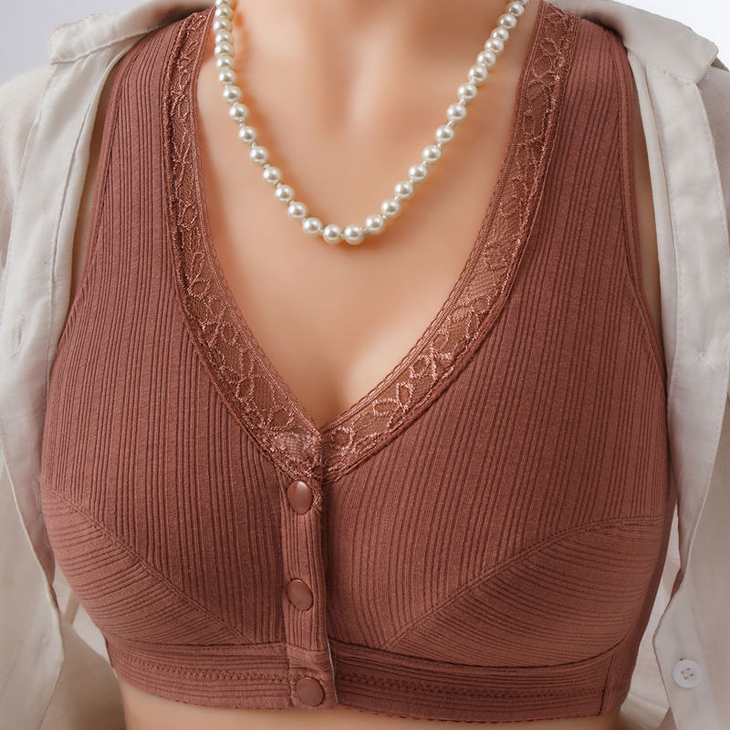 Mother's underwear women's bra without steel ring middle-aged and elderly people large size front buckle pure cotton threaded vest breathable gather bra
