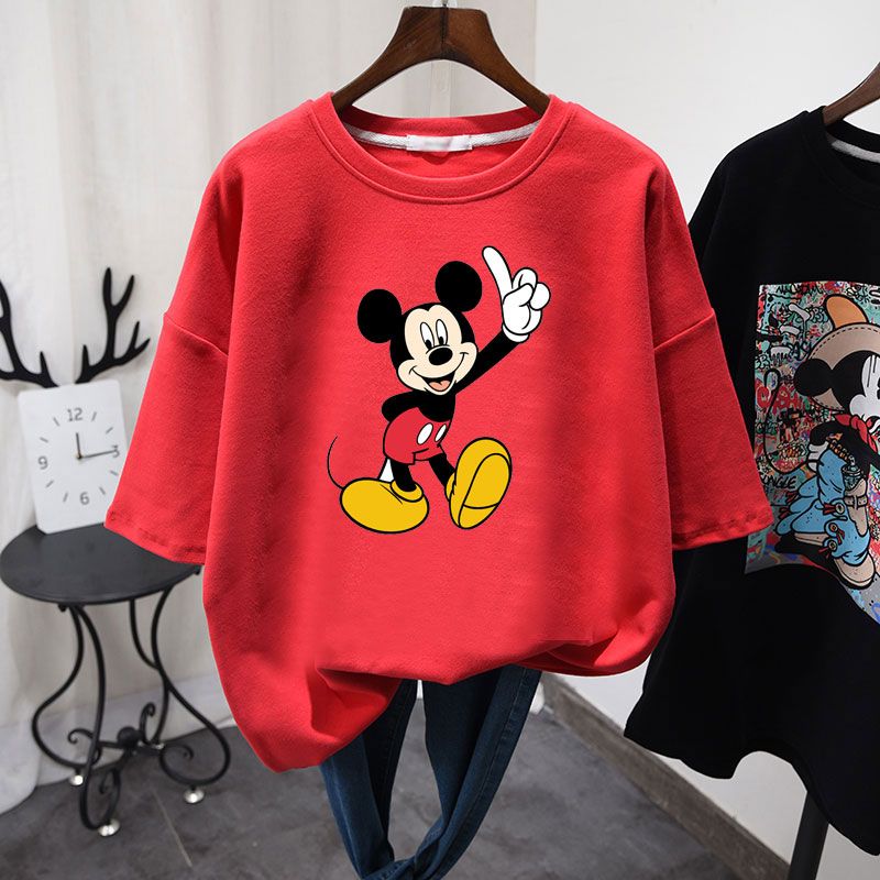 Korean Short Sleeve T-Shirt women's thickened and loose bottom coat cartoon Mickey cotton student half sleeve autumn and winter