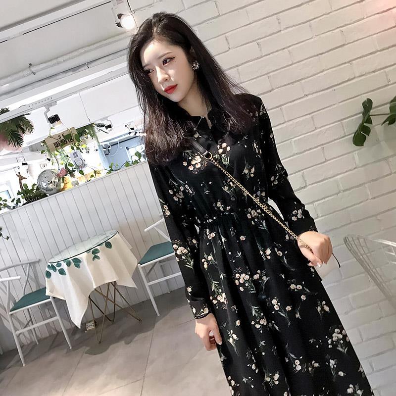 Retro floral large chiffon dress women's spring and autumn 2020 new Korean bottom long sleeve medium length skirt