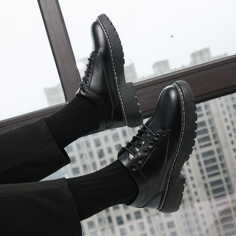 Leather shoes men's Plush warmth Korean fashion versatile casual shoes men's black student youth English shoes