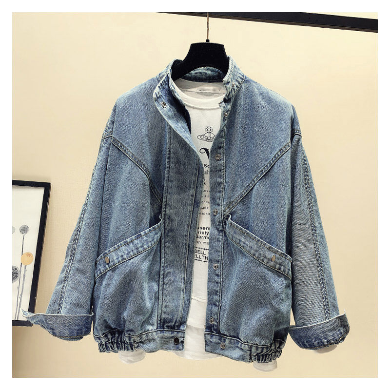Spring and autumn denim jacket women's loose bat sleeves large pocket denim jacket retro tooling snowflake color BF denim clothing