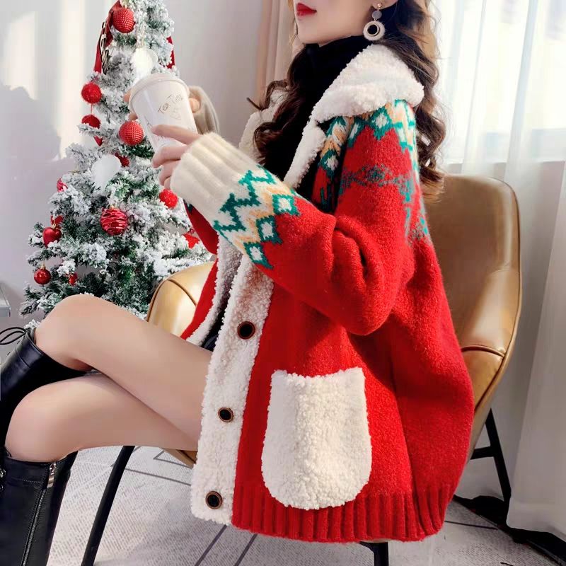 Red Christmas Sweater Cardigan women's thickened autumn and winter new loose lazy net red super fire knitted coat