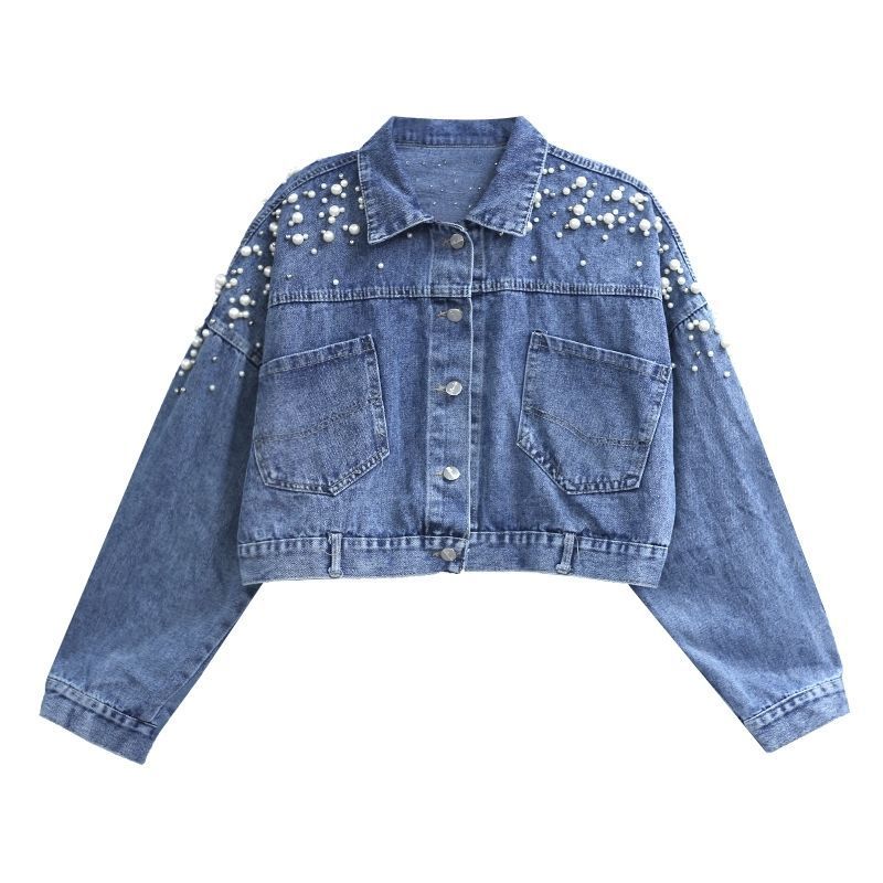 Short denim jacket for women 2021 autumn new Korean version heavy industry beading back slit ripped denim jacket