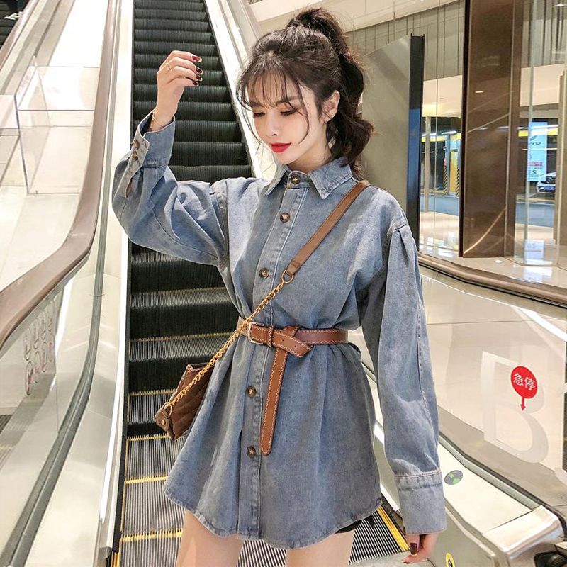 Shirt women retro Hong Kong style spring 2020 new Korean version loose medium length single breasted waist denim coat fashion