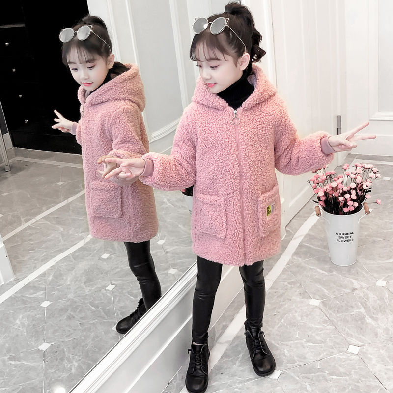 Boys and girls' spring autumn winter coat thin medium length 2020 new Korean lamb fluffy coat middle and large children's jacket
