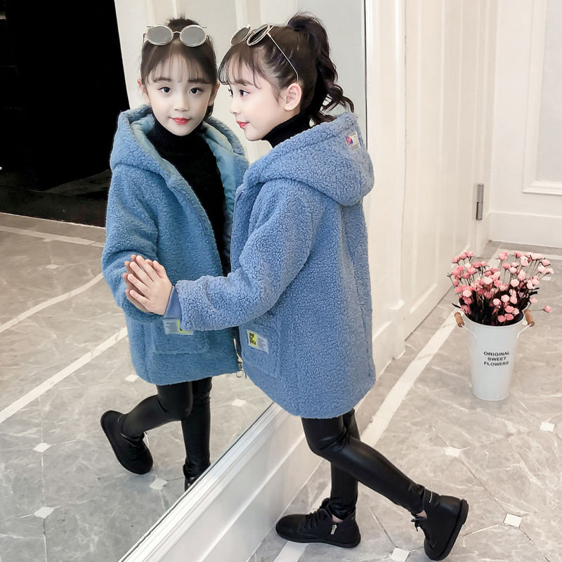 Boys and girls' spring autumn winter coat thin medium length 2020 new Korean lamb fluffy coat middle and large children's jacket