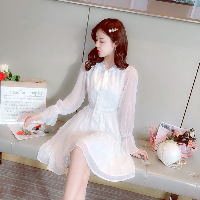 Temperament White Chiffon dress female super fairy 2020 autumn new Korean version of bow tie tie waist closing princess skirt
