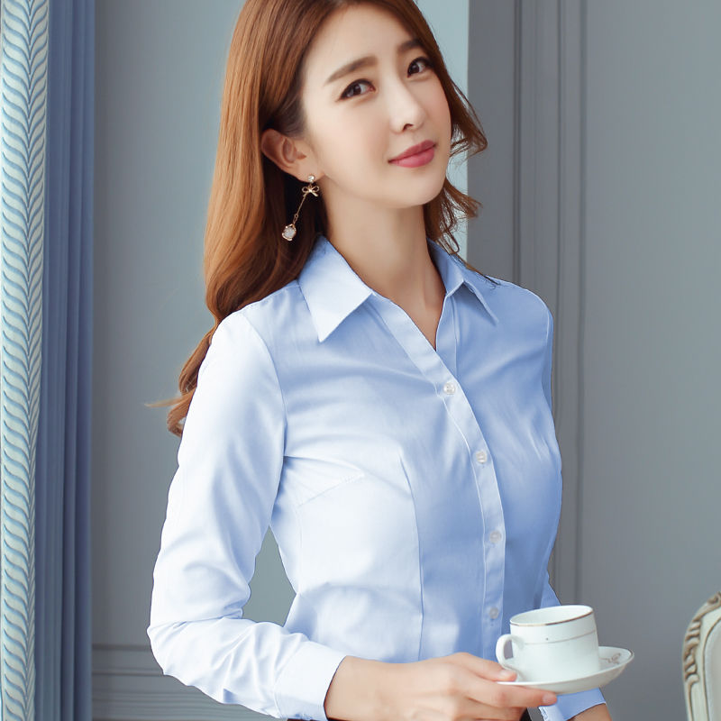 白衬衫女V领长袖工作服正装工装春夏韩版修身学生职业女装白衬衣