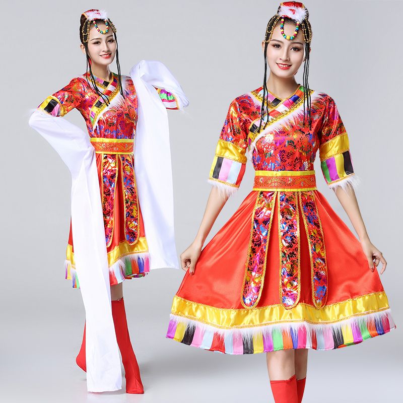 少数民族服装女藏族衣服舞蹈演出服男广场舞成人表演水袖大红宝蓝