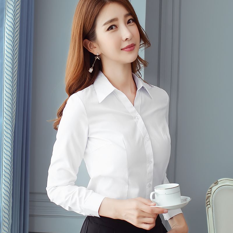 白衬衫女V领长袖工作服正装工装春夏韩版修身学生职业女装白衬衣