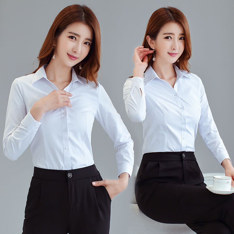 V领竖条纹白衬衫女春秋长袖修身韩版打底衬衣大码学生职业工作服