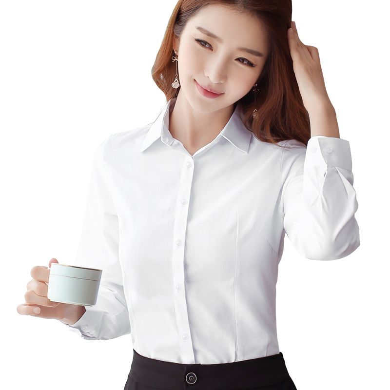 方领白衬衫女韩版长袖大码秋修身长袖工作服衣服衬衣宽松职业正装