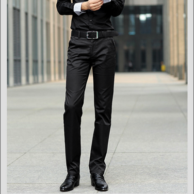 光滑亮面料男士修身直筒裤纯黑色商务西裤休闲工装裤韩版青年男裤