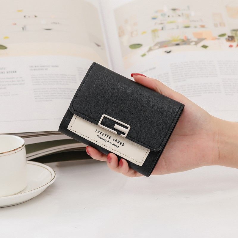 2022 new small wallet women's short Korean version fashion contrast color small fresh three-fold student cute coin purse card holder