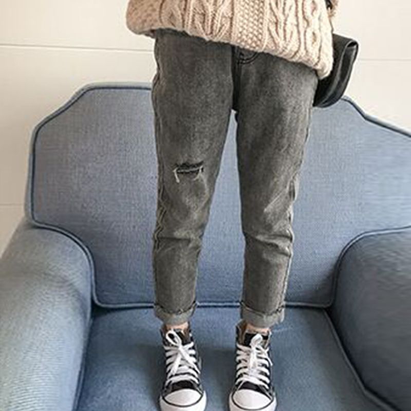 Girls' autumn and winter new jeans children's foreign style Korean Edition Plush student elastic medium and large children's slim legged pants