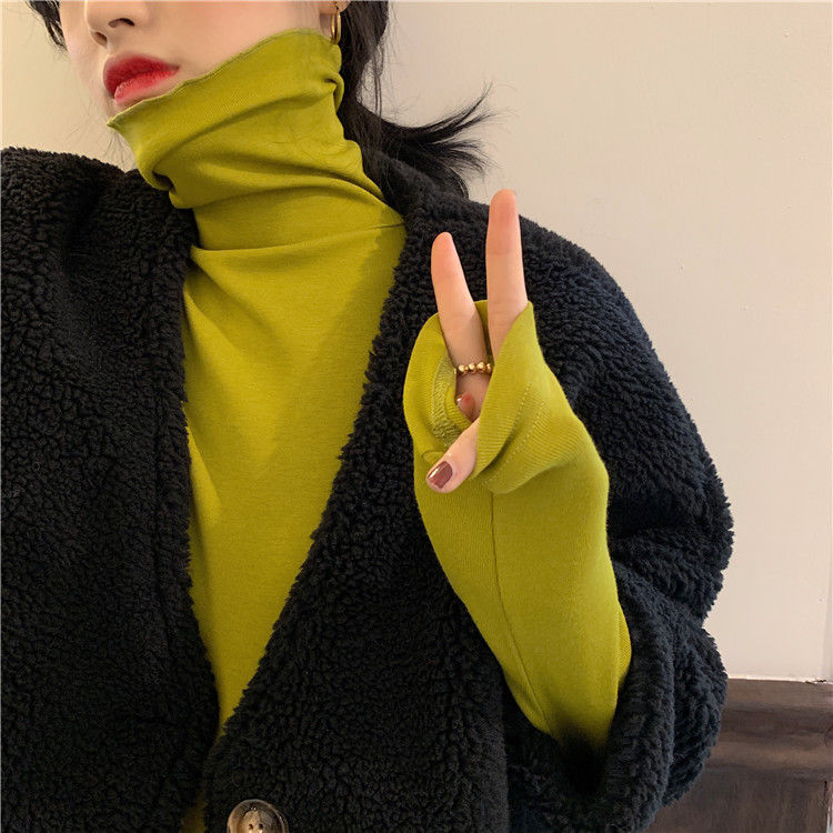 Rolled super high collar tight mustard green t-shirt ladies spring and autumn foreign style with piled collar long-sleeved slim bottoming shirt