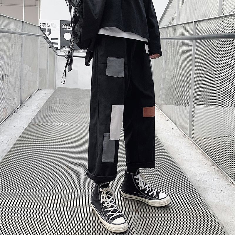 Spring and autumn Hong Kong Style loose straight patched overalls men's and South Korean fashion students' casual pants wide leg Capris