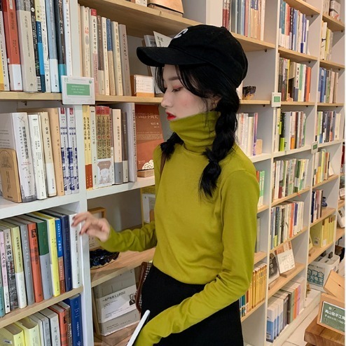 Rolled super high collar tight mustard green t-shirt ladies spring and autumn foreign style with piled collar long-sleeved slim bottoming shirt