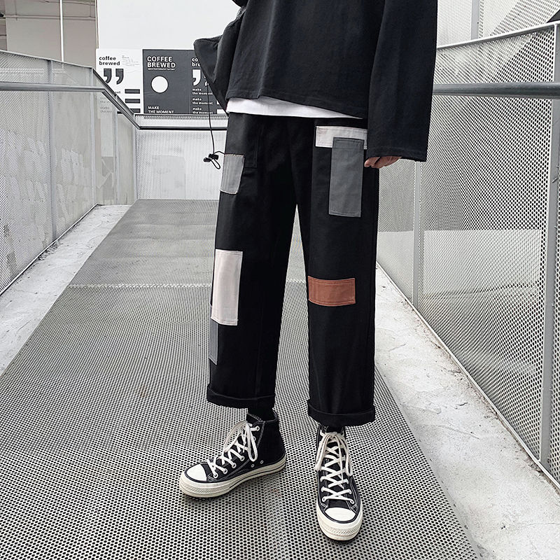 Spring and autumn Hong Kong Style loose straight patched overalls men's and South Korean fashion students' casual pants wide leg Capris
