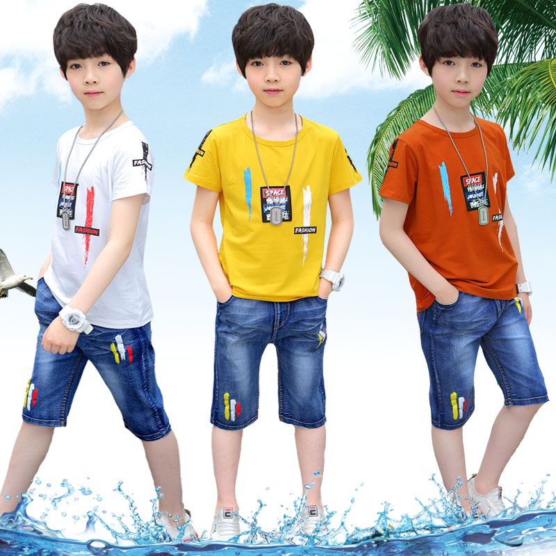 [95% cotton T-shirt + jeans pants] boys' short sleeve set children's summer wear two sets medium sized children 2