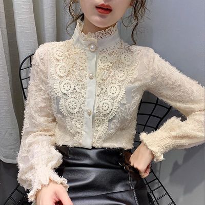 63891/半高领蕾丝打底衫女秋冬内搭2020洋气时尚欧货镂空小衫网纱上衣潮