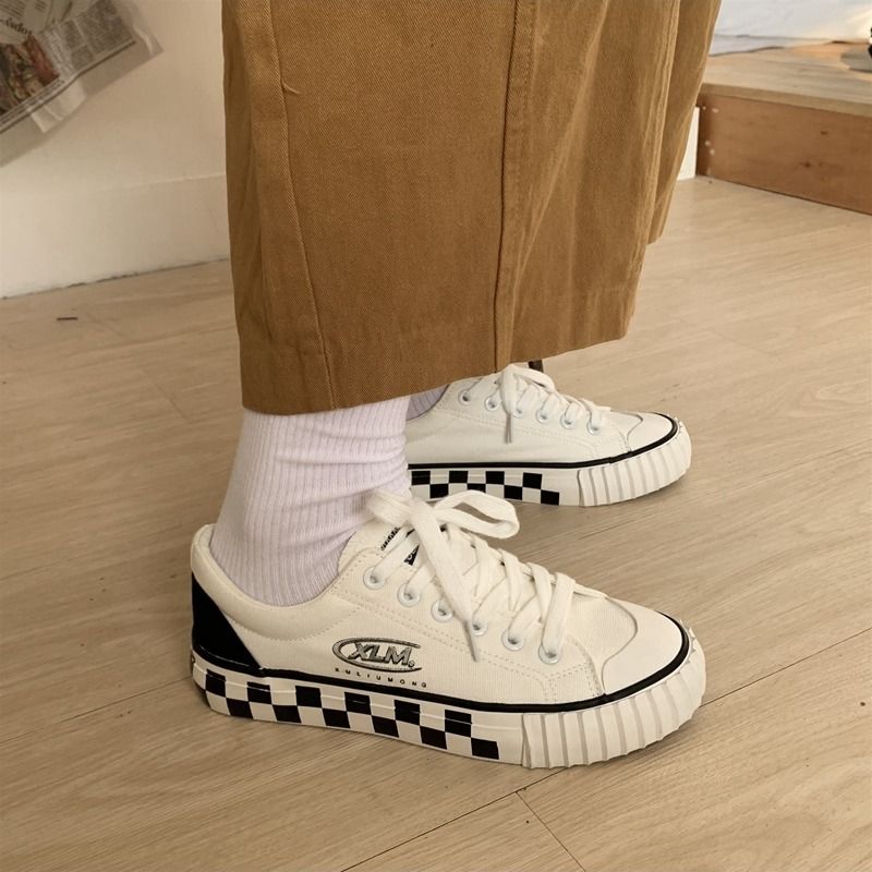 格子鞋子女学生韩版2020春季低帮ins帆布鞋女学院风百搭小白鞋女