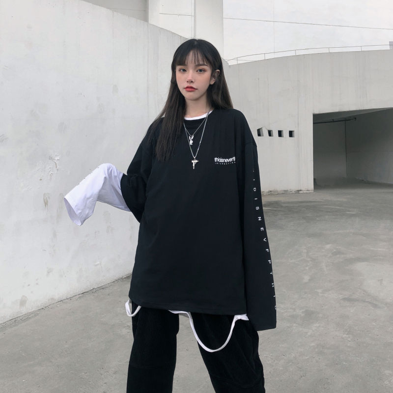 2021 spring and Autumn New Korean version of Harajuku style letter printing loose fake two long sleeve t-shirts for female students