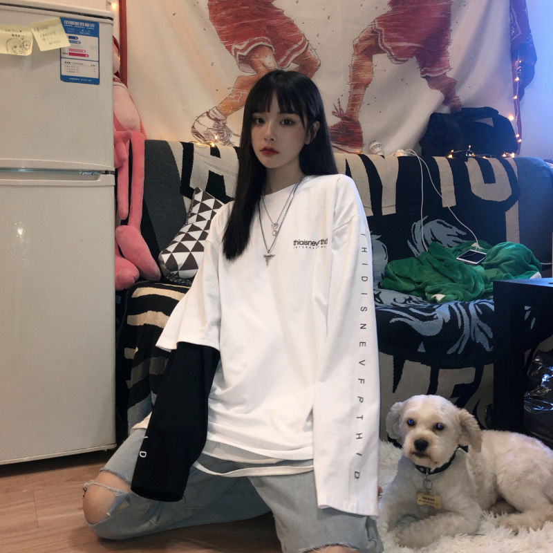 New Korea Harajuku letter printed one sleeve fake two long sleeve T-shirts in autumn 2020