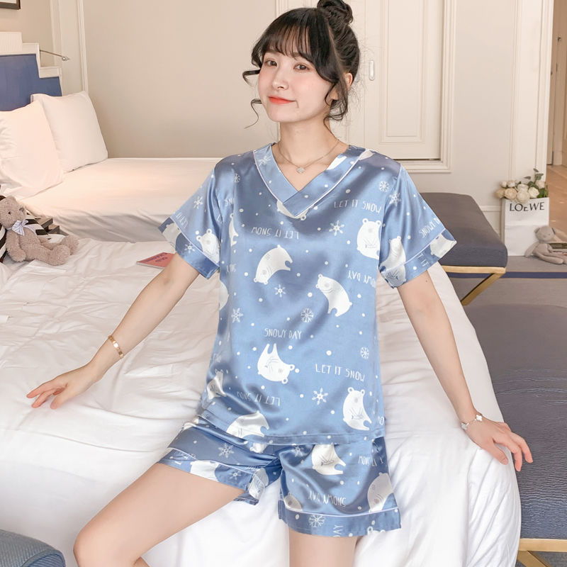 Pajamas women spring summer silk short sleeve two piece suit lovely thin ice silk Korean summer home wear