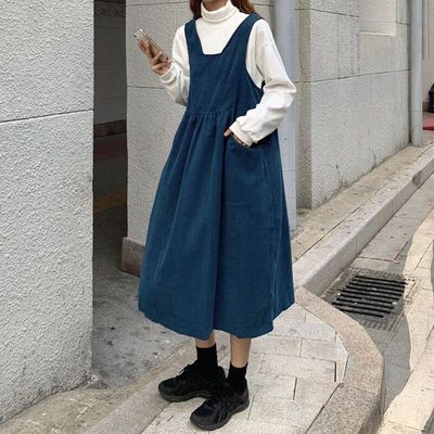 87208/秋季新款复古背带连衣裙女学生长裙韩版宽松百搭显瘦中长款a字裙