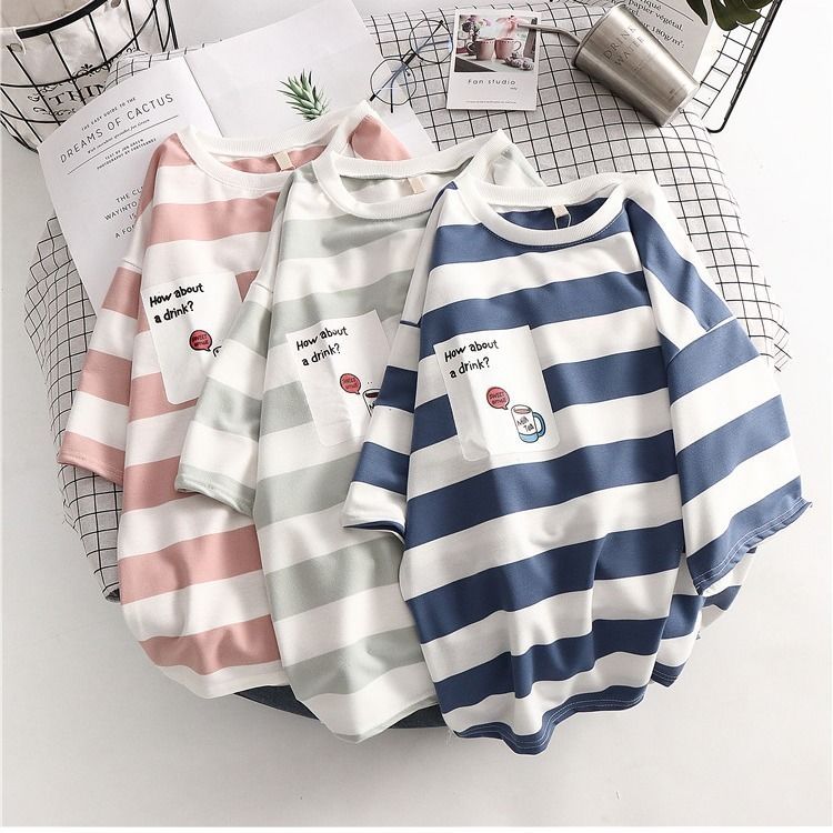 Spring and Autumn New Korean version loose ins original night wind stripe short sleeve T-shirt for female students BF half sleeve top dress for lovers