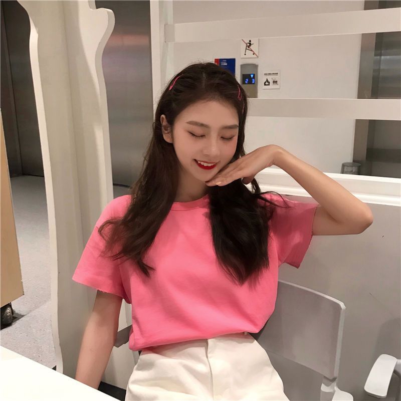 Summer new Korean loose solid color short sleeve T-shirt women's net red ins Half Sleeve T-Shirt Top Student bottoms fashion