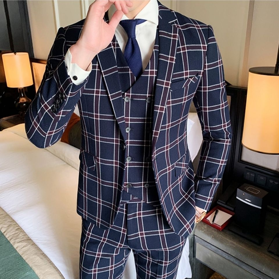 英伦韩版修身男士大格子西装套装西装三件套大码新郎结婚礼服青年