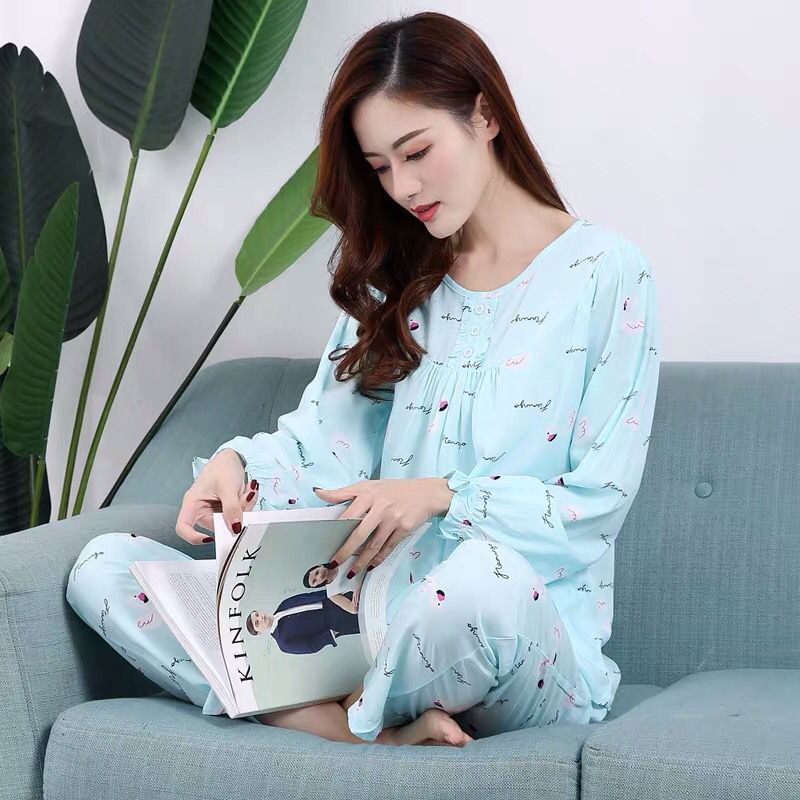 薄款棉绸睡衣女套装中长袖长裤圆领中年妈妈绵绸夏睡衣家居服宽松
