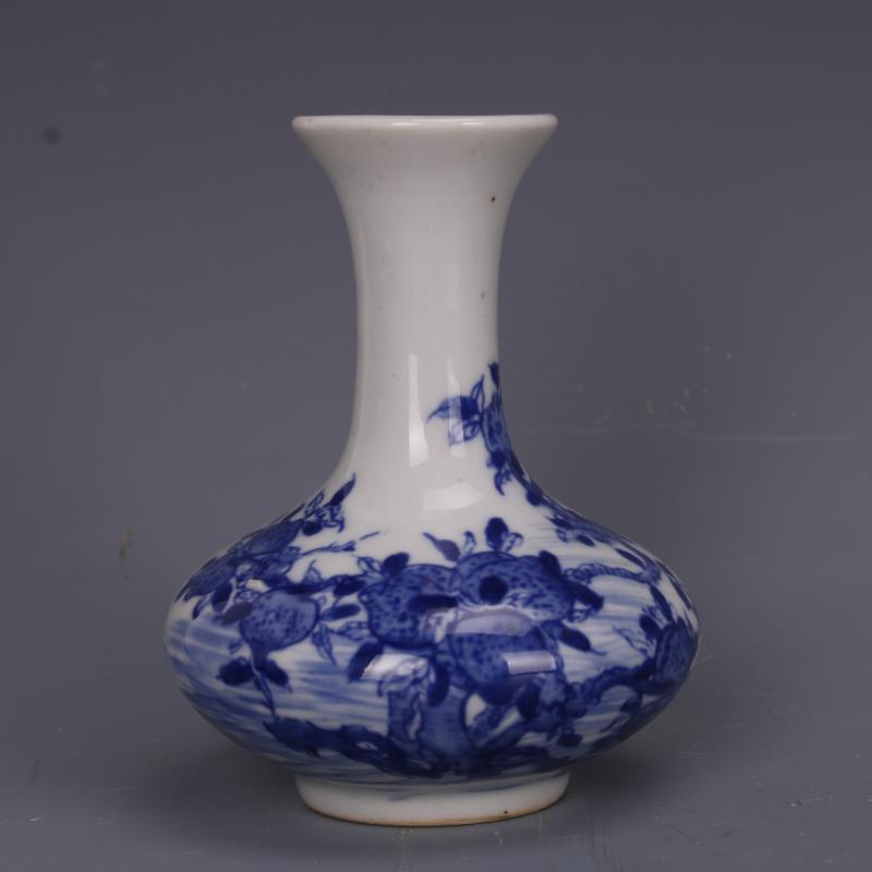清官窑青花福寿扁肚赏瓶老物件仿古瓷器古董古玩家居中式摆件手工【3