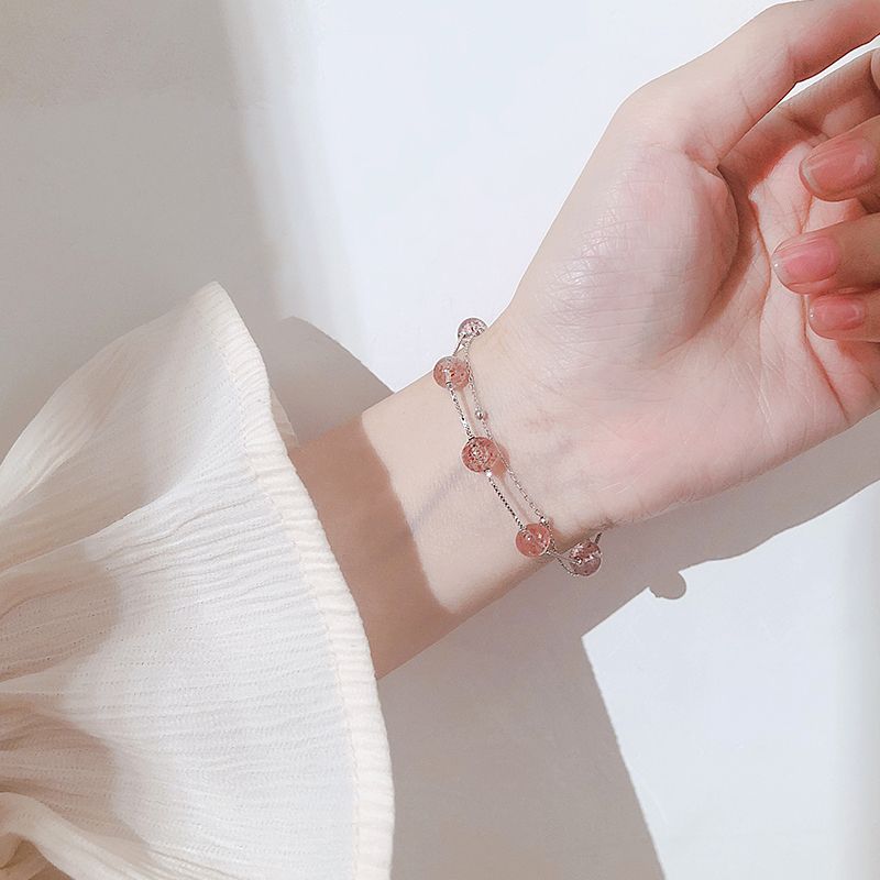 s925纯银草莓晶双层手链女韩版chci网红简约学生闺蜜招桃花手饰女