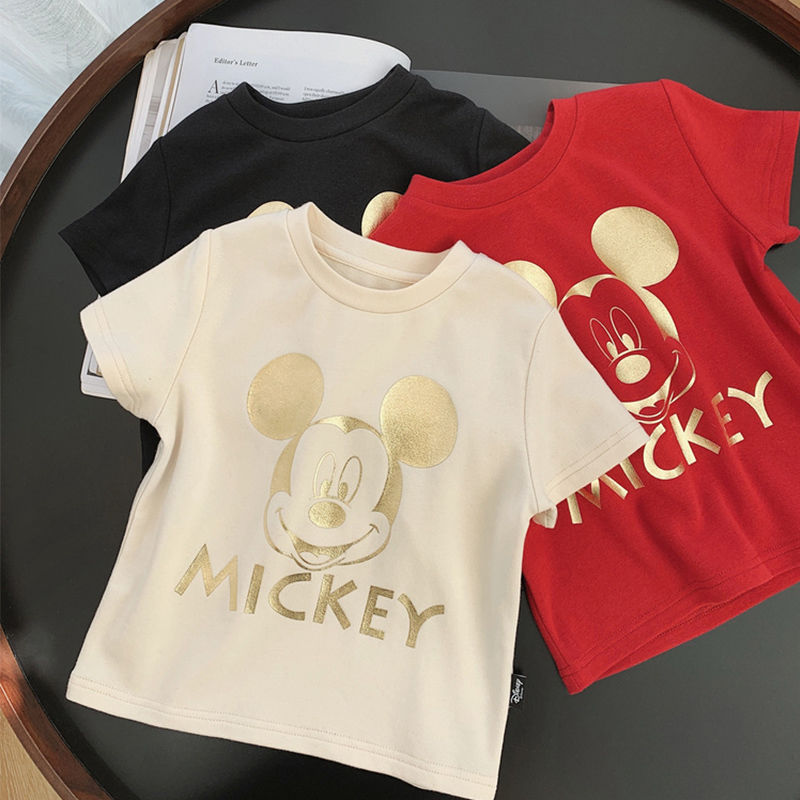 Boys and Girls Summer 2020 pure cotton print bottoming Shirt New Trend Mickey hot stamping T-shirt spring dress parent-child three piece top