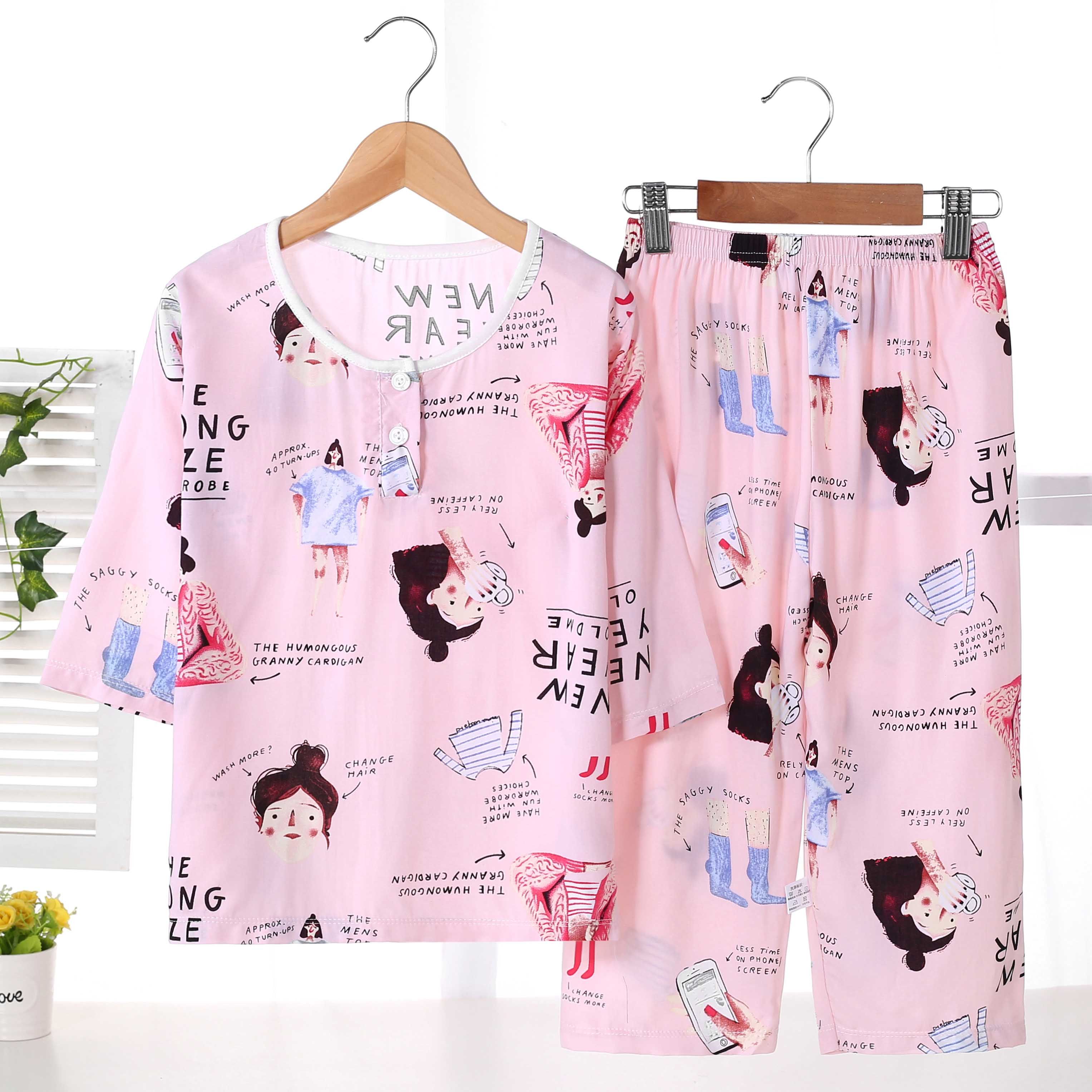 Summer children's Cotton Pajamas Set thin boys and girls air-conditioning clothes cartoon 7-sleeve children's home clothes