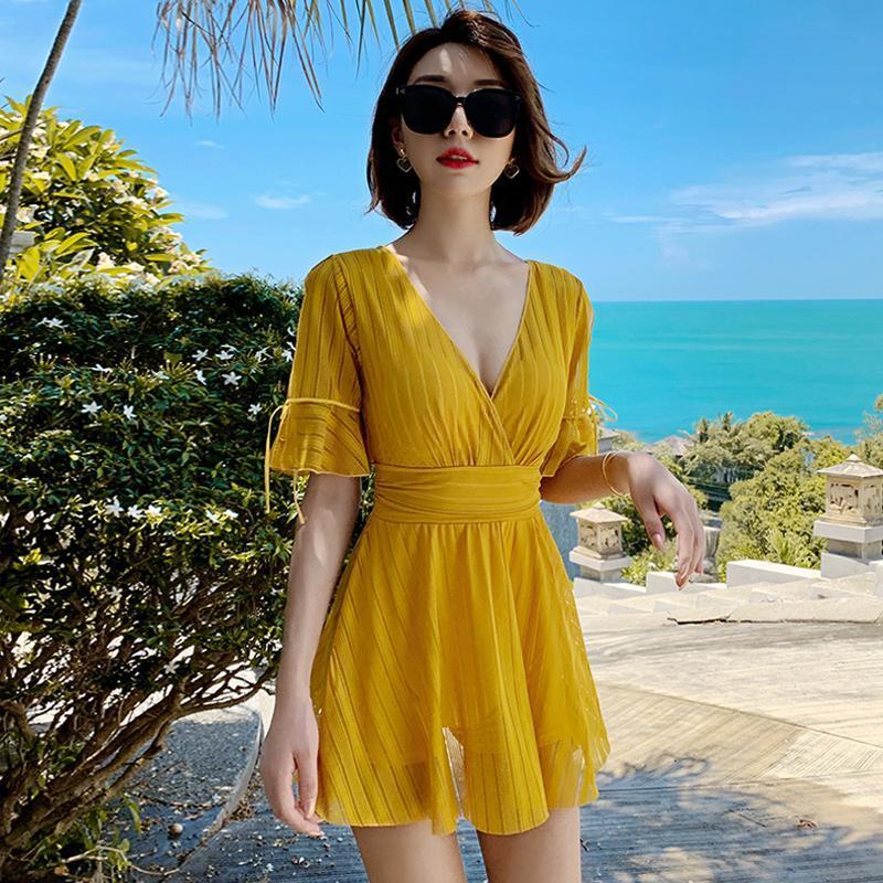 Swimsuit women 2020 new fashion one-piece conservative slim cover belly big ins wind fairy fan hot spring swimsuit