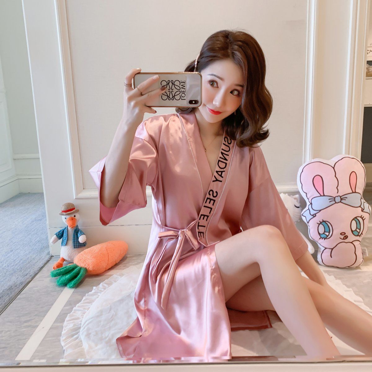 睡衣女睡裙中长款v领绑带时尚日式创意夏季和服家居短裙甜美简约