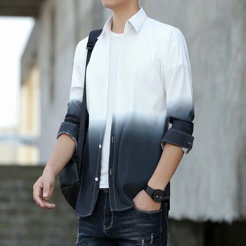 Gradual change shirt men's long sleeve new spring and autumn wear top Korean Trend casual student color matching shirt