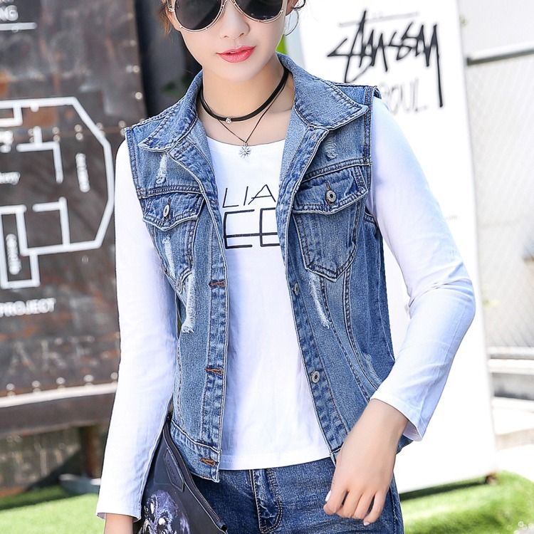 2022 spring and summer new women's clothing ripped denim sleeveless top short large size waistcoat vest small coat vest
