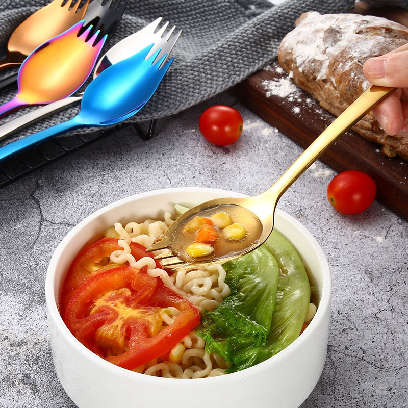 食品级304不锈钢泡面勺韩式镀钛金叉勺一体吃面神器学生汤勺面勺