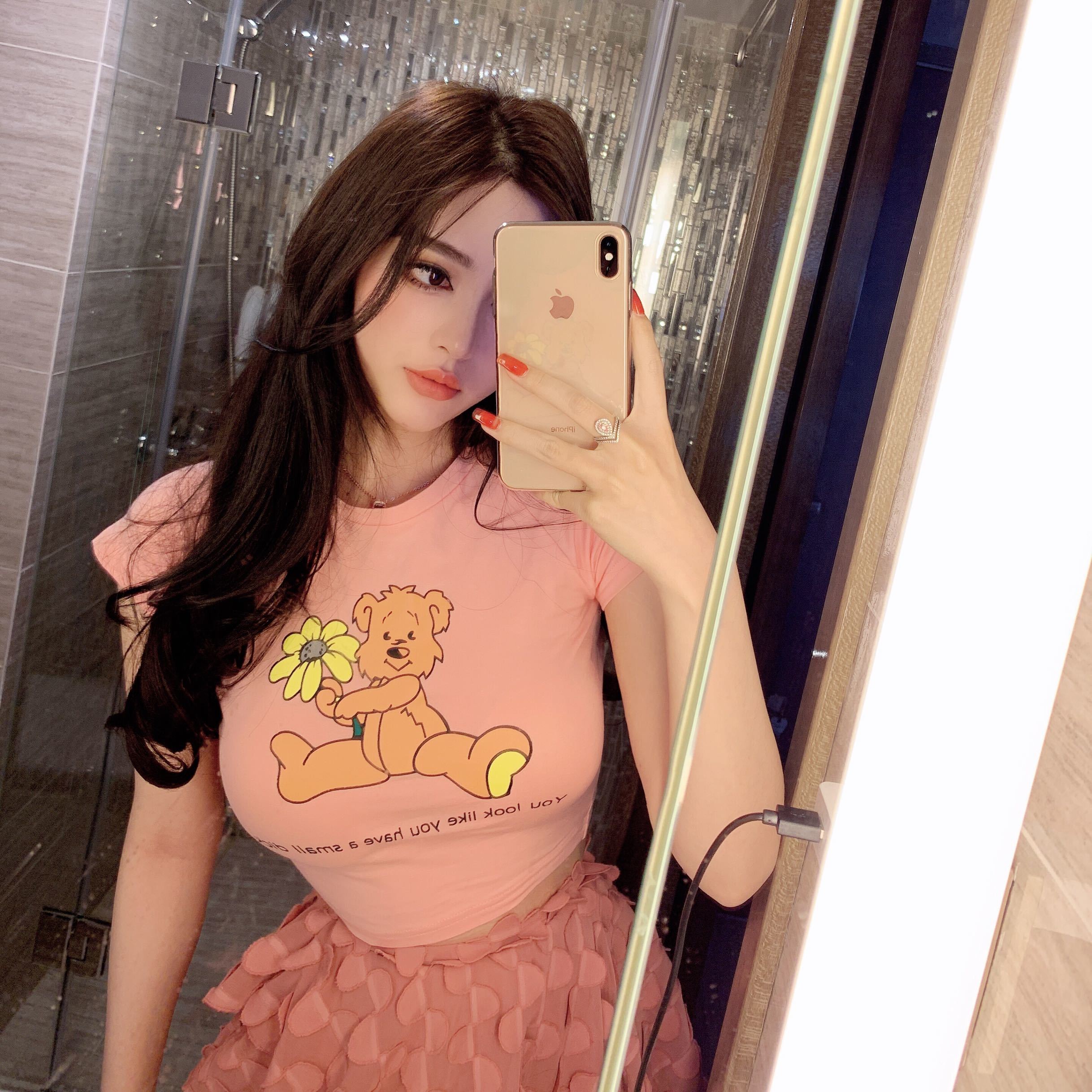 Summer tight-fitting high-waisted short section exposed umbilical chest t-shirt female students short-sleeved cute pink print slimming tops