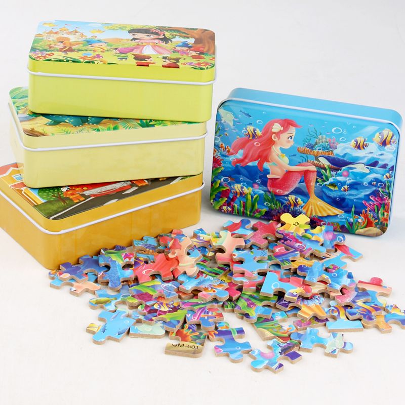 铁盒60片木质积木玩具幼儿益智宝宝古部女孩子儿童拼图板6到12岁