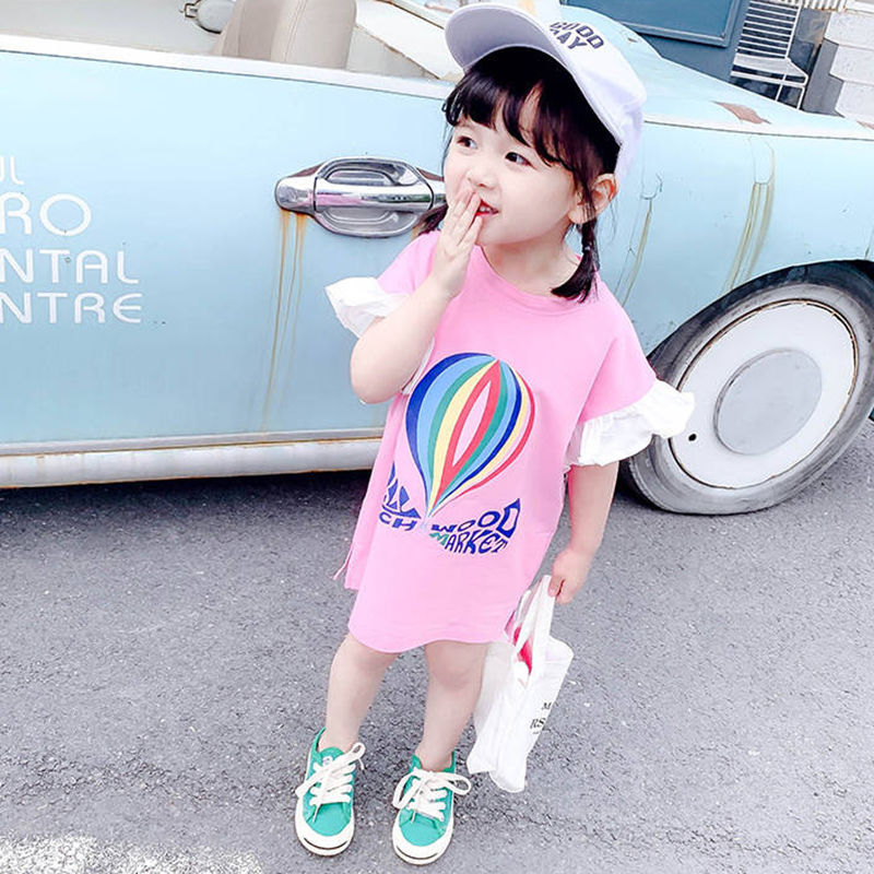 2021 summer girl's dress girl's mid long foreign style short sleeve children's lovely balloon design summer girl