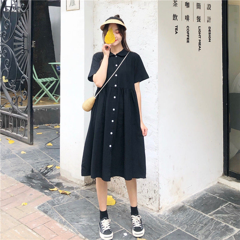 Summer Korean retro loose short sleeve dress knee length dress French doll neck mid long skirt A-line skirt fashion