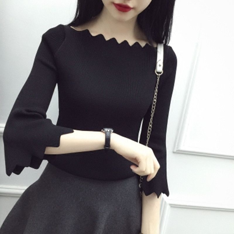 喇叭袖针织衫女黑色毛衣修身学生荷叶边一字肩时尚春季上衣女新款